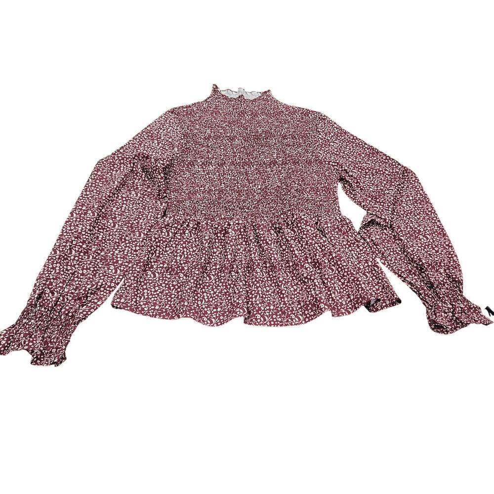 Smocked Floral Peplum Top L Burgundy Balloon Sleeve Cottagecore Coquette